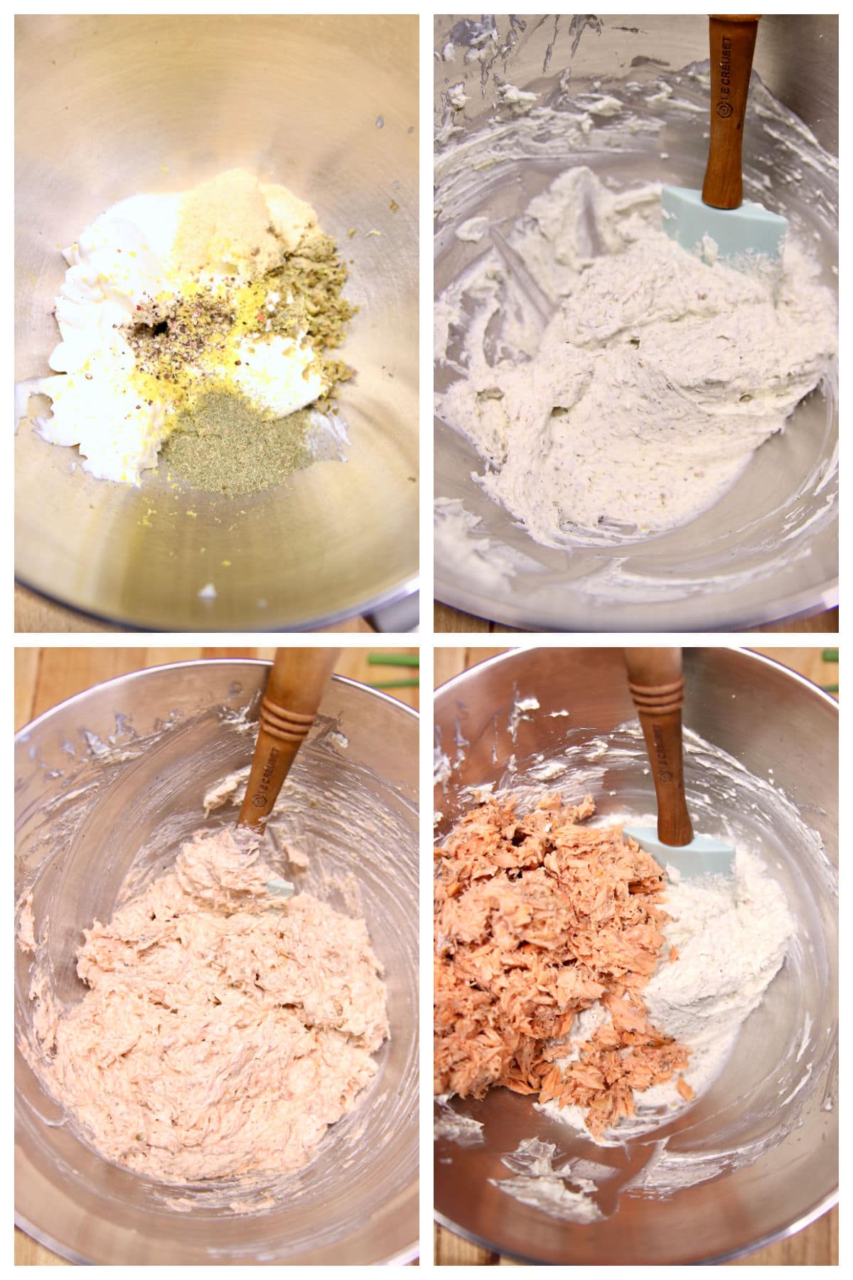 Collage making cream cheese dip with salmon.