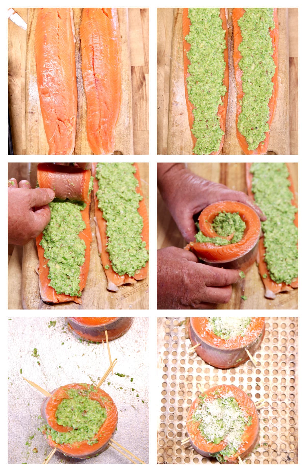 Making salmon rolls with asparagus pesto.