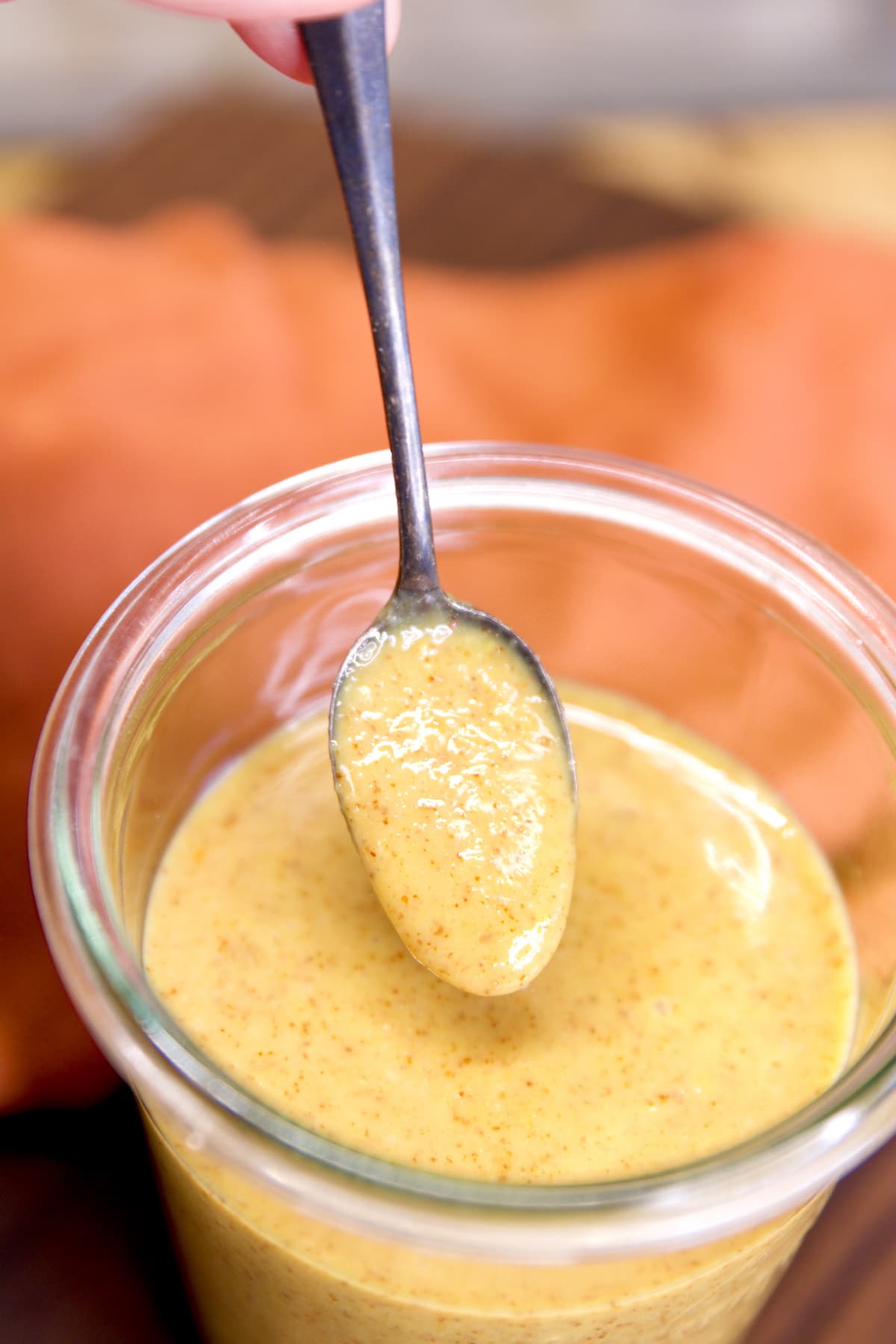 Spoonful of honey mustard sauce dipping from jar.