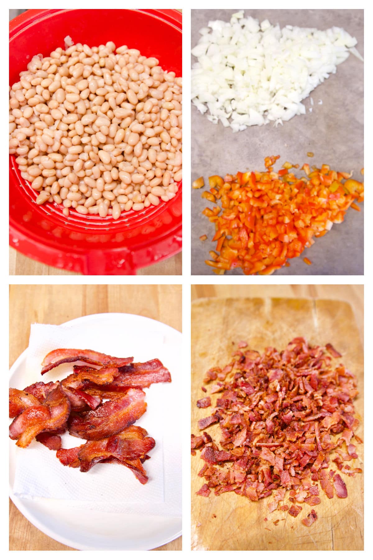 Collage for baked beans: draining beans, chopped vegetables, cooked bacon /diced.
