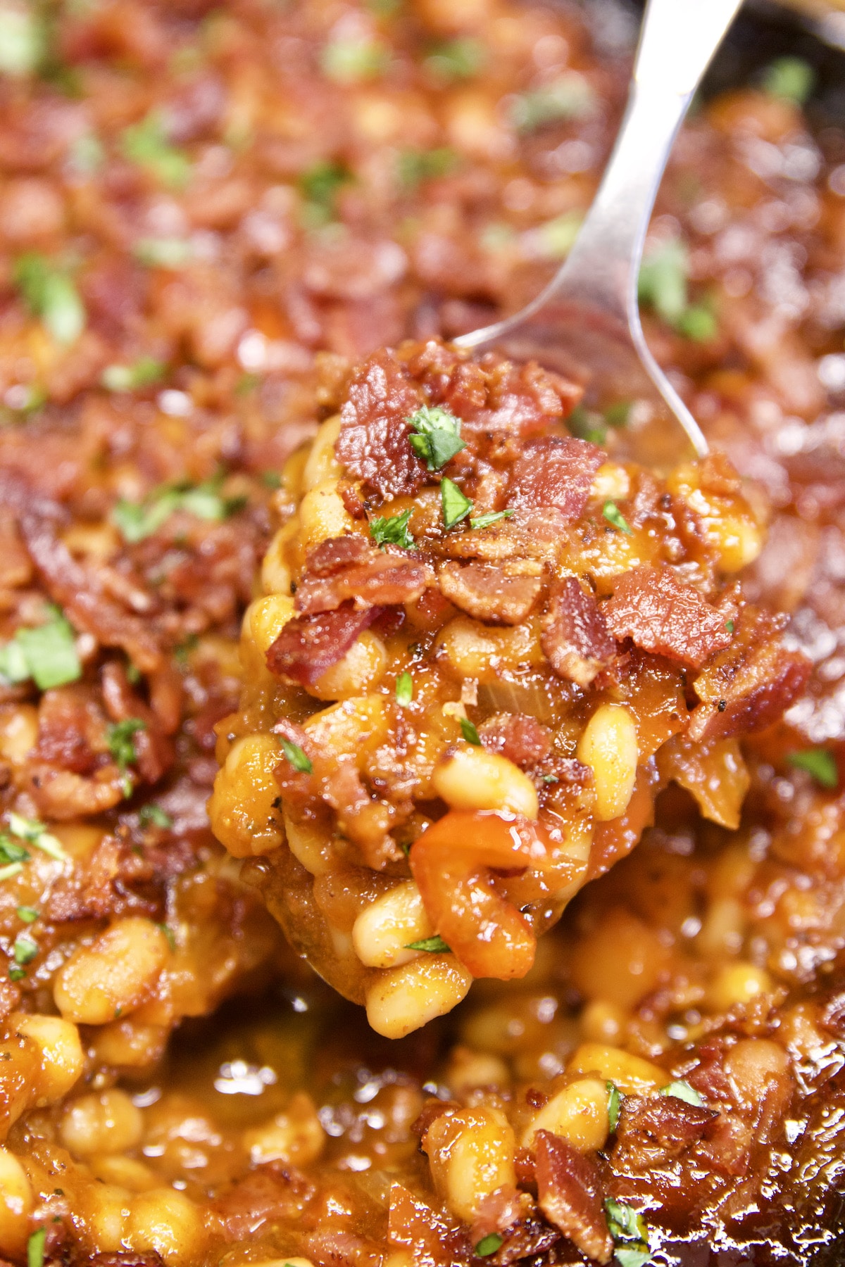 Closeup of spoon of baked beans.