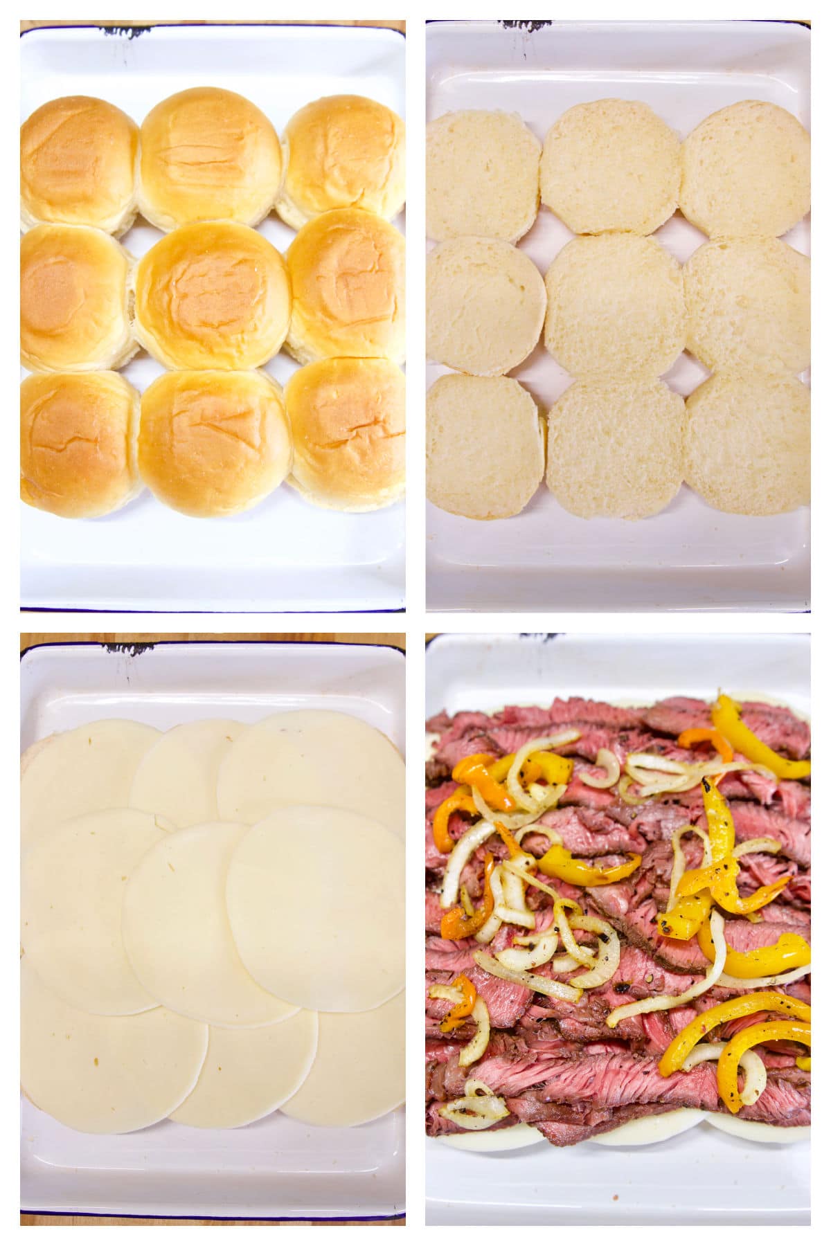 Collage making sliders with steak, cheese, peppers and onions.