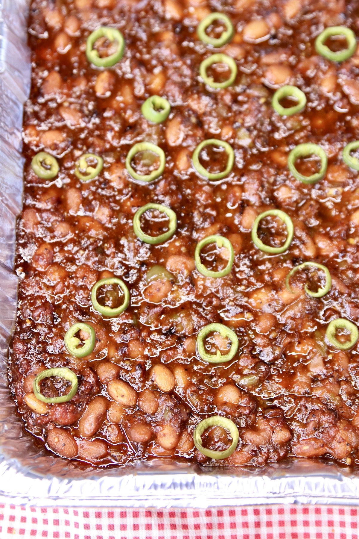 Closeup of pan of baked beans.