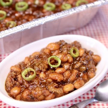 Bowl of cowboy beans with jalapenos.