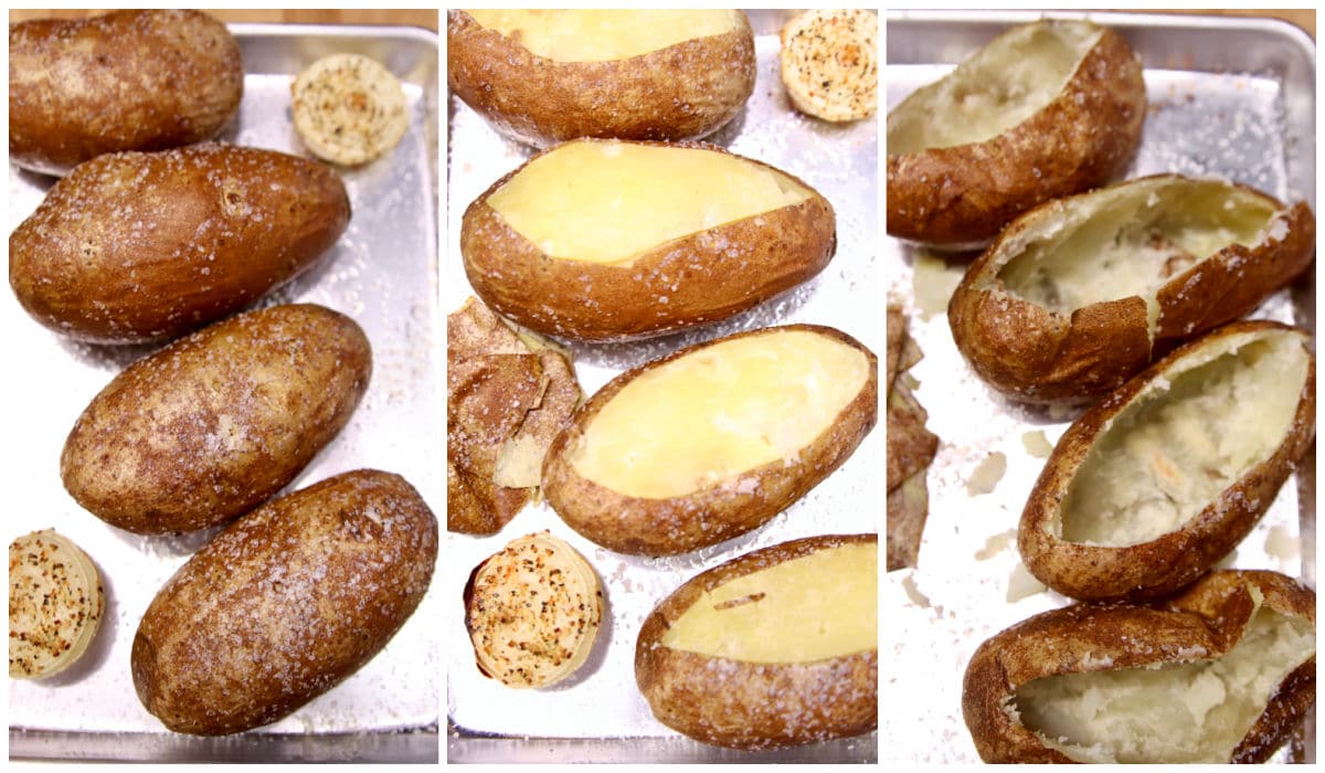 Collage of baked potatoes, skins with inside removed.