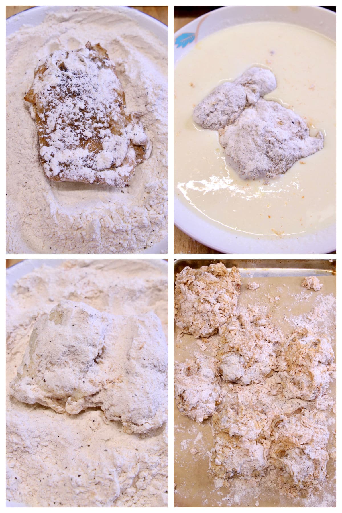 Collage breading chicken for frying.