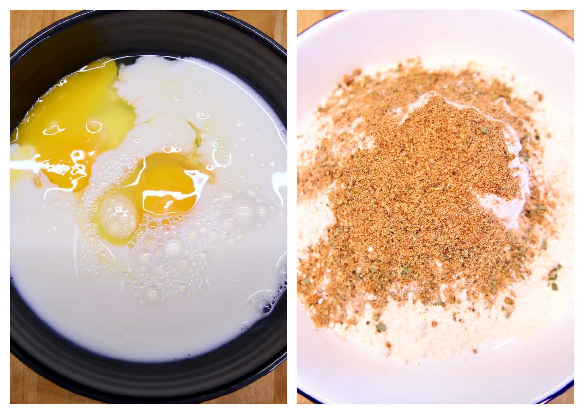 Collage: Milk and egg in a bowl/ flour seasonings in a bowl.