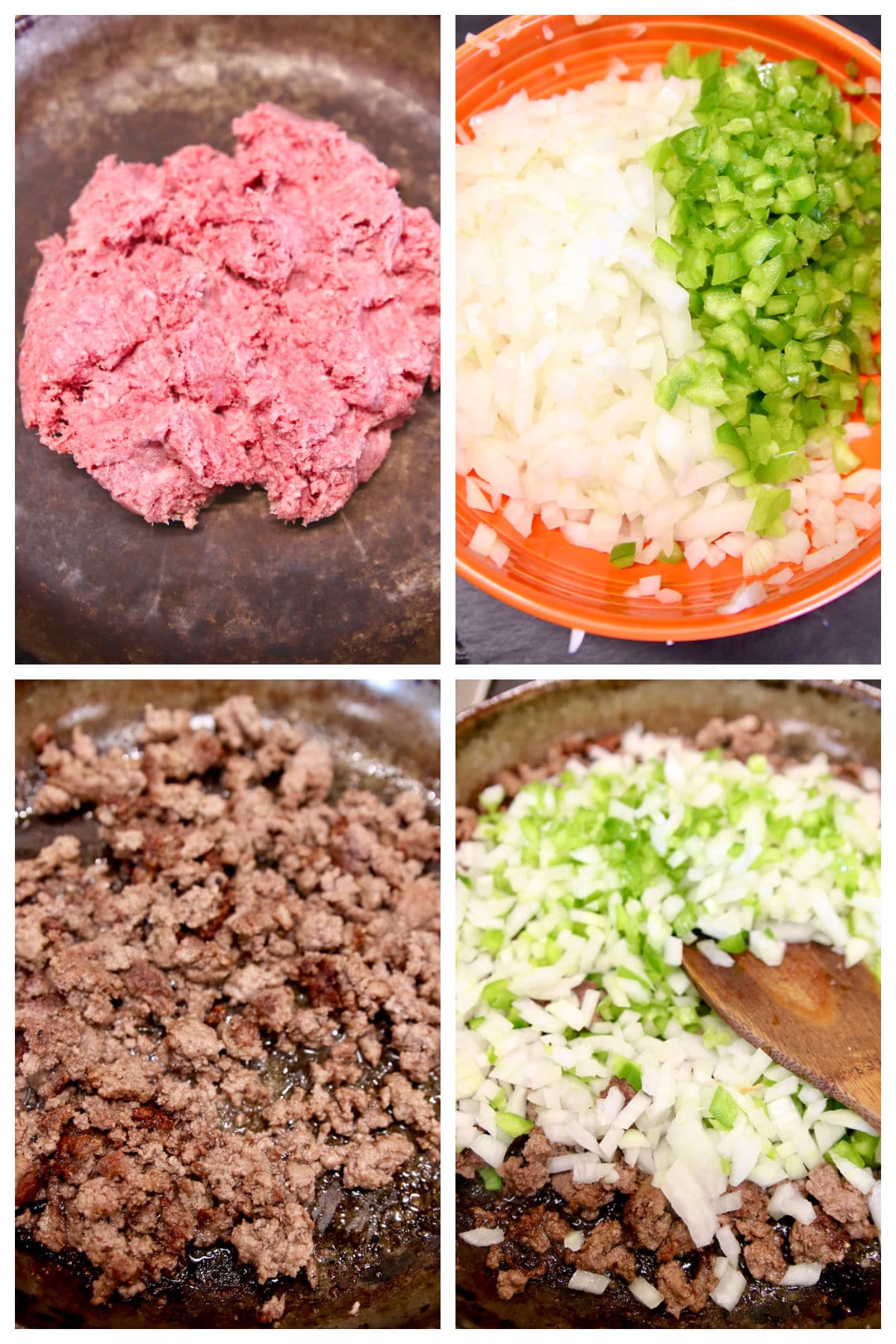 Collage browning ground beef with onions and. bell peppers.