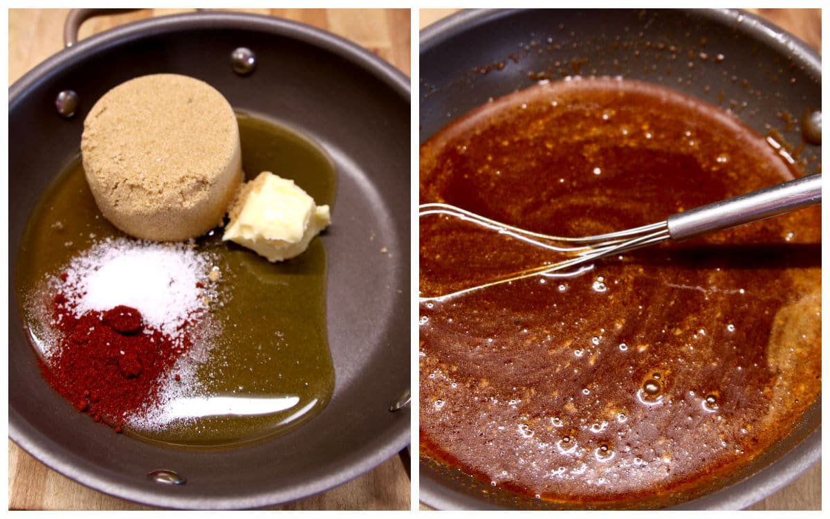 Collage making honey garlic sauce in a pan.