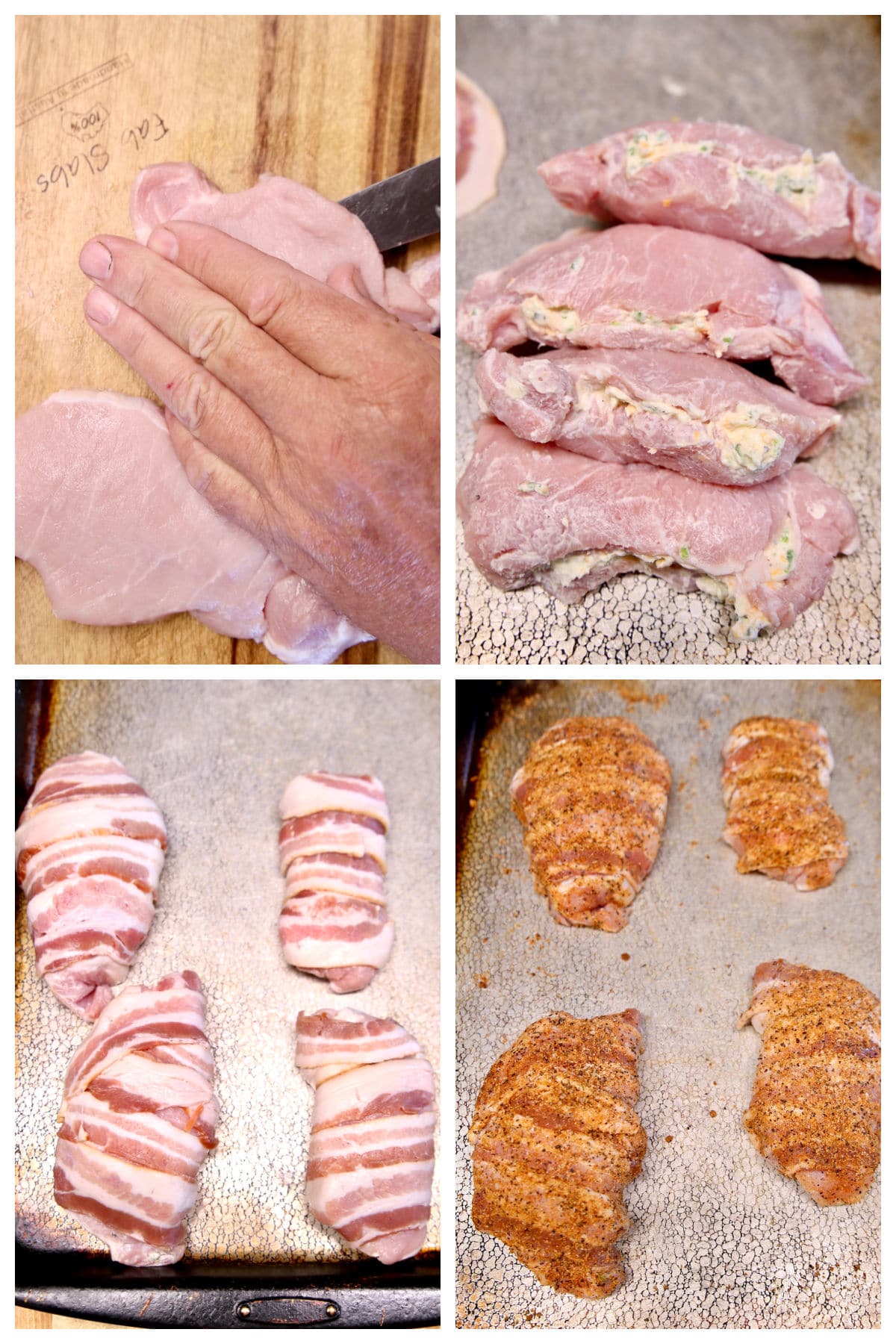 Collage stuffing pork chops, wrapping in bacon.