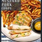 Sweet mustard pork chops with fries, text overlay.