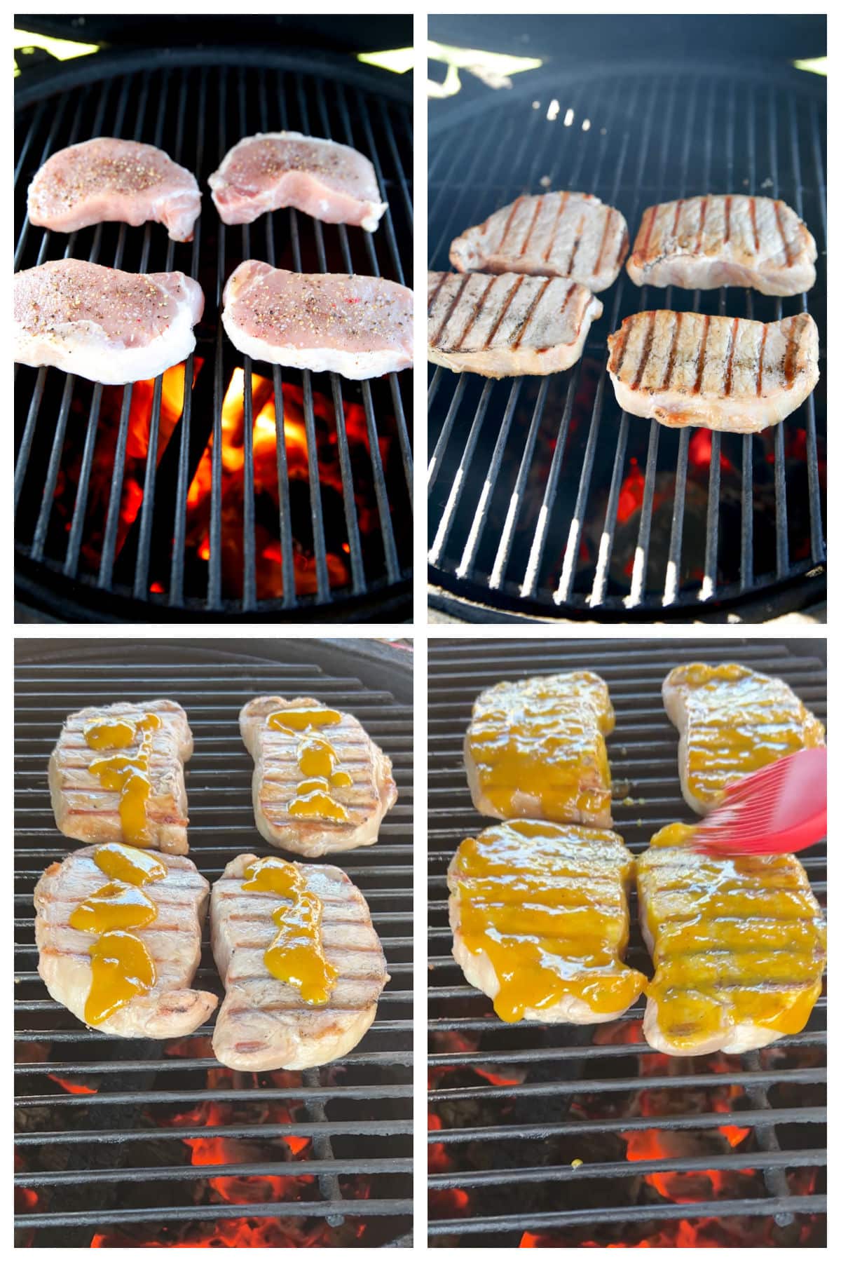 Grilling pork chops and glazing with sweet mustard collage.