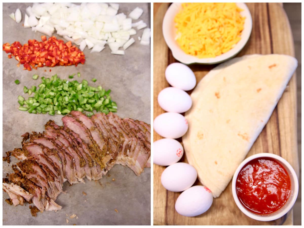 Sliced brisket, diced peppers and onions/ whole eggs, shredded cheddar cheese, tortillas, salsa.