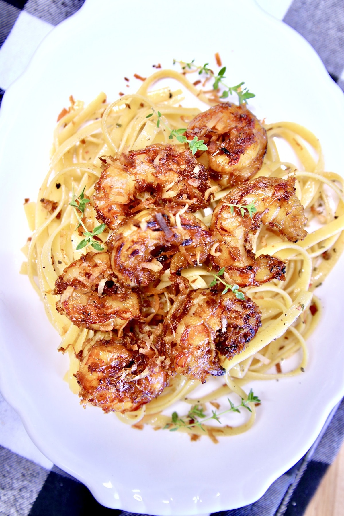 Platter of pasta and shrimp.