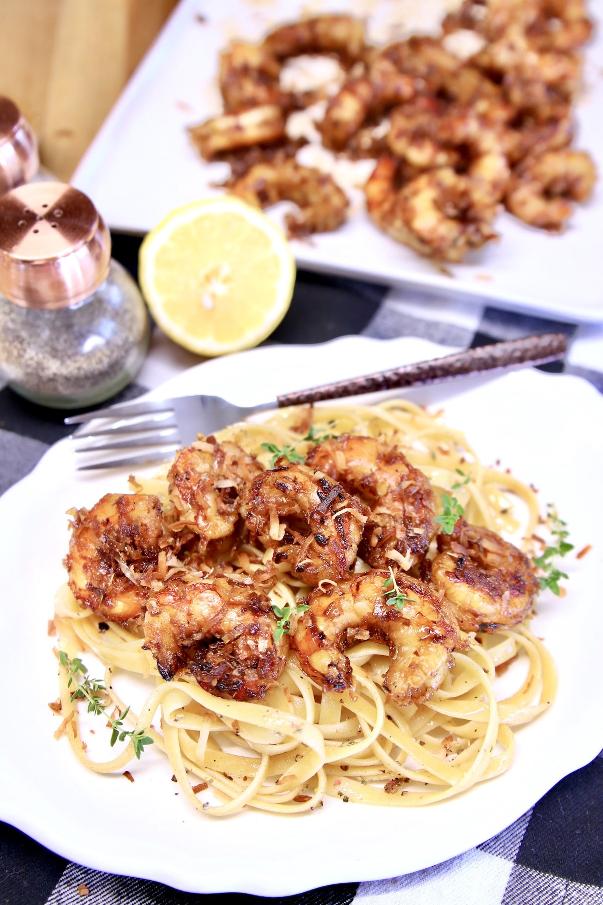 Platter of pasta and shrimp.