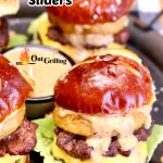 Platter of double cheeseburger sliders - text overlay.