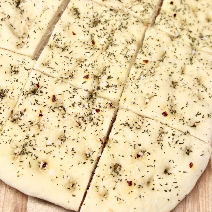 Focaccia bread cut into slices.