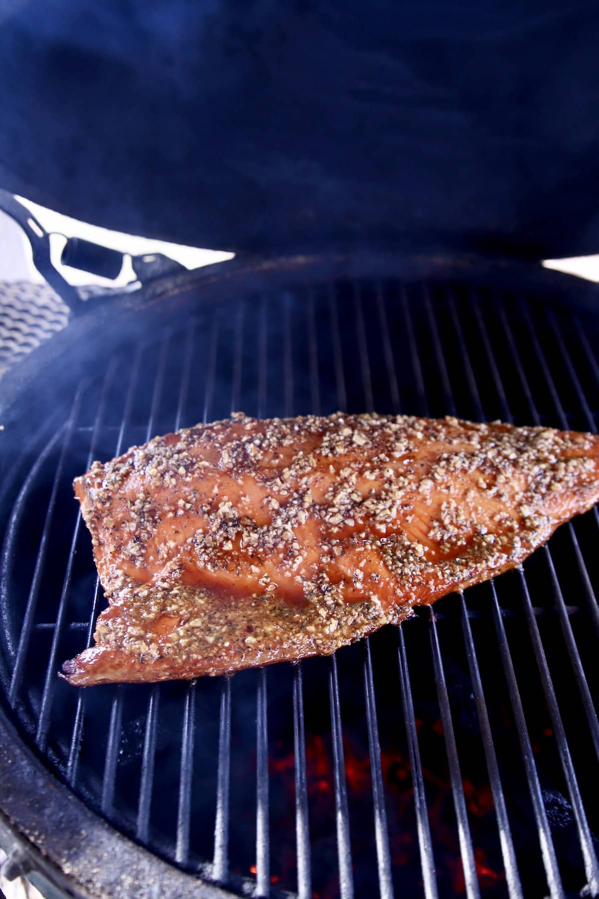 Honey pecan salmon on a grill.