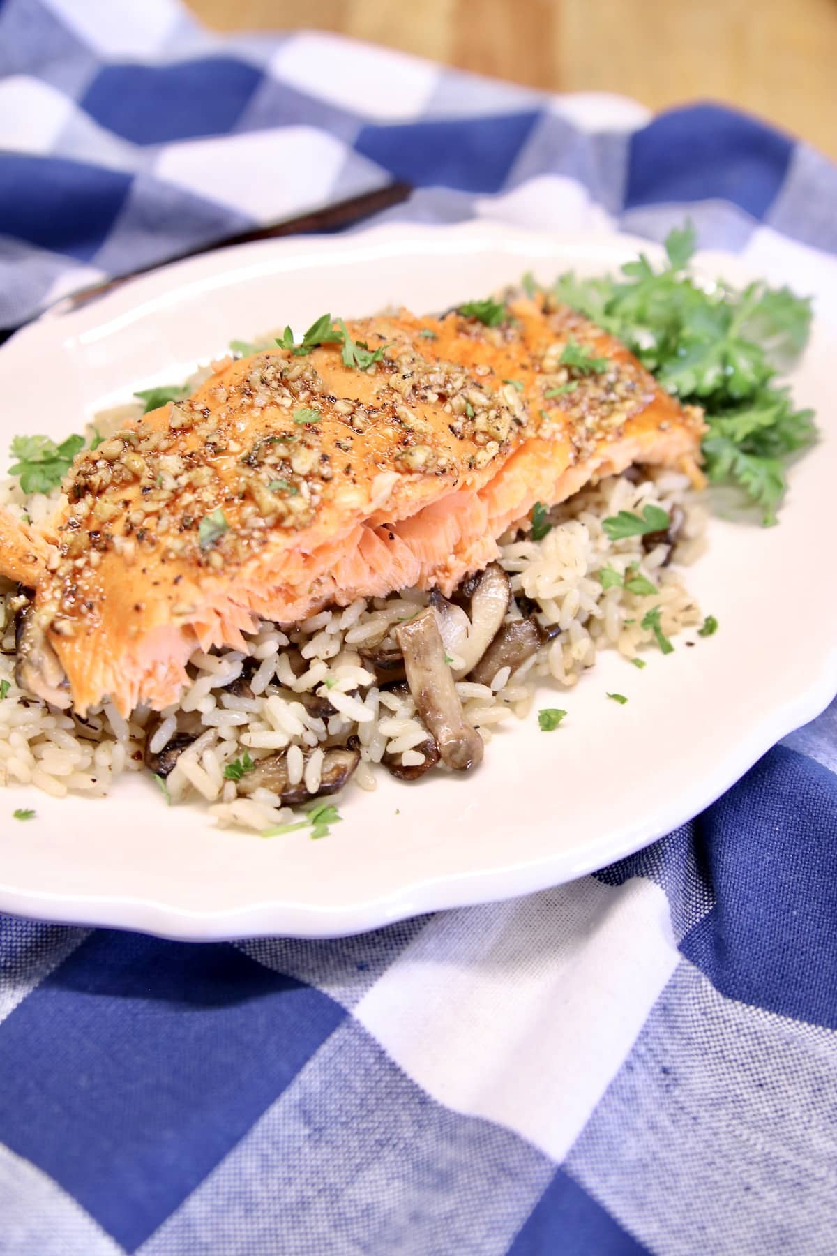 Plate with salmon and rice.