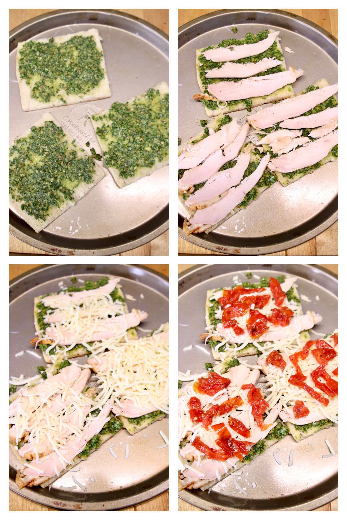 Collage making pesto chicken sandwiches with tomato and mozzarella.