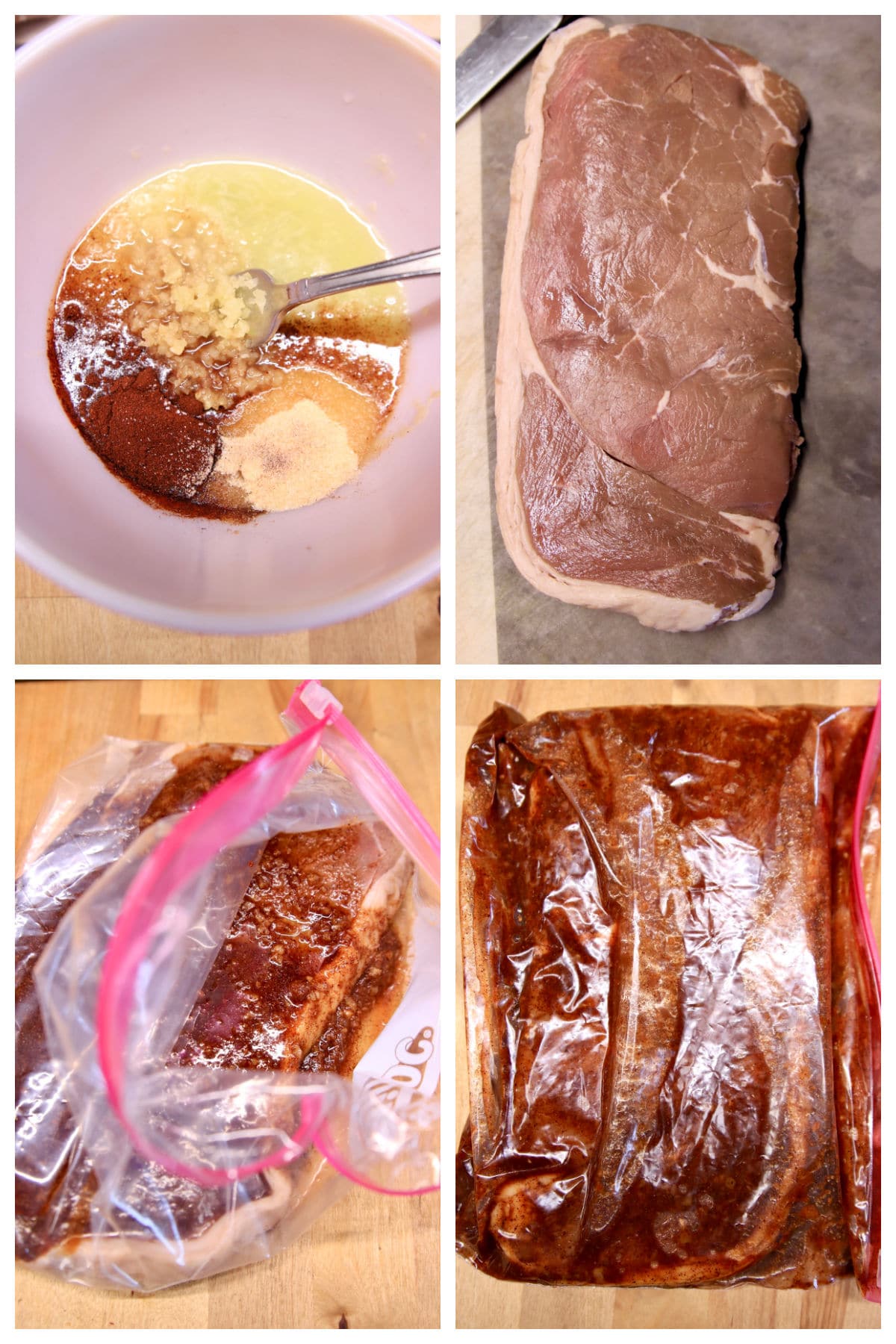 Collage making marinade for steak - marinating in a ziploc bag.