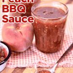 Jalapeño Peach BBQ Sauce in a jar, spoonful on a board. Text overlay.