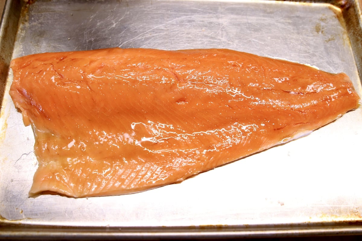 Raw salmon fillet with maple ginger glaze.