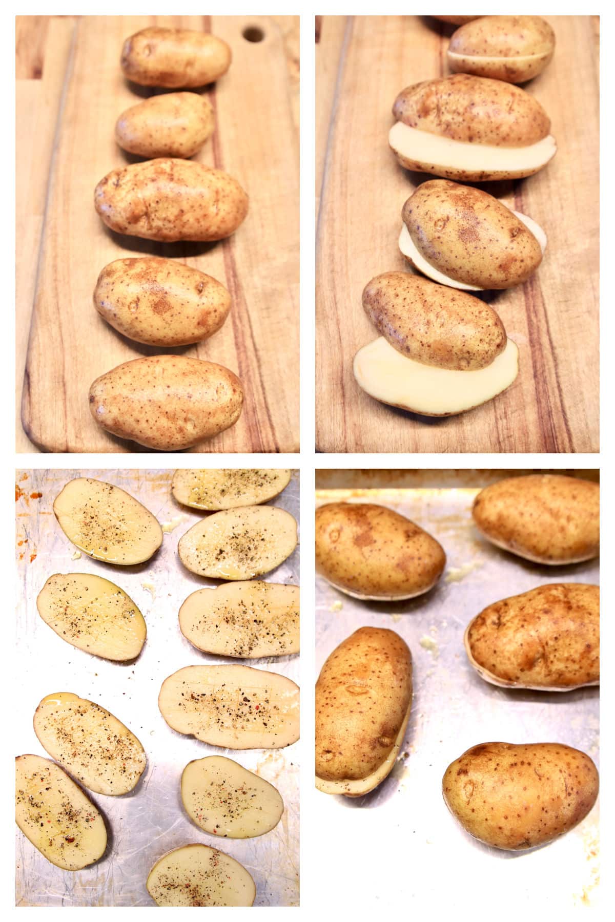 Collage of russet potatoes - cut in half, seasoned, pressed together.