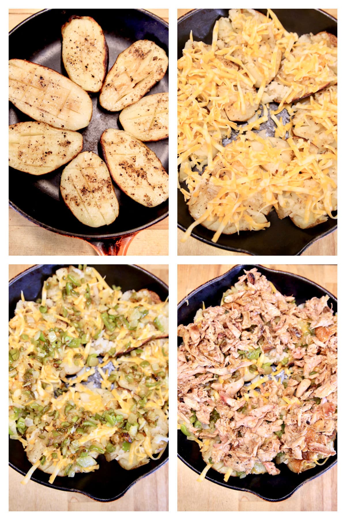 Collage: potato halves, topped with cheese, vegetables, chicken.
