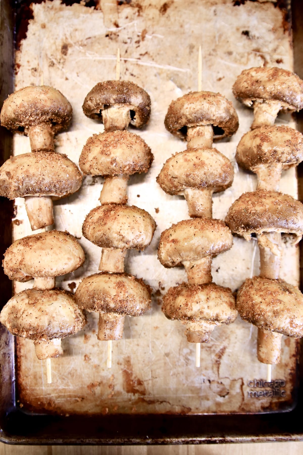 Mushroom skewers ready to grill.