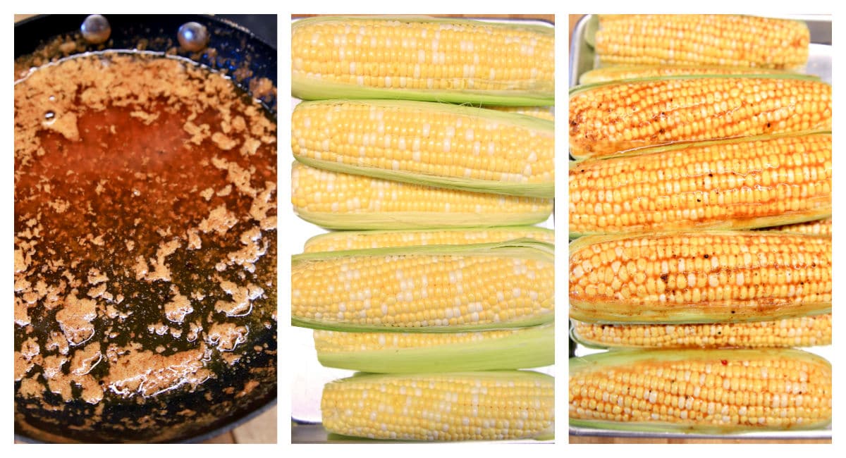 Collage: melted garlic butter, corn on the cob, corn brushed with butter.