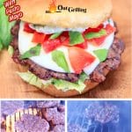 Grilled Caprese Burger on a bun- collage of grilling burger patties. Text overlay.