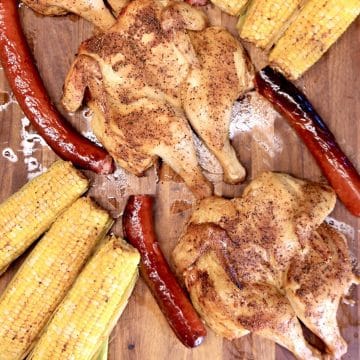 2 spatchcock grilled chickens, smoked sausage, corn on the cob.