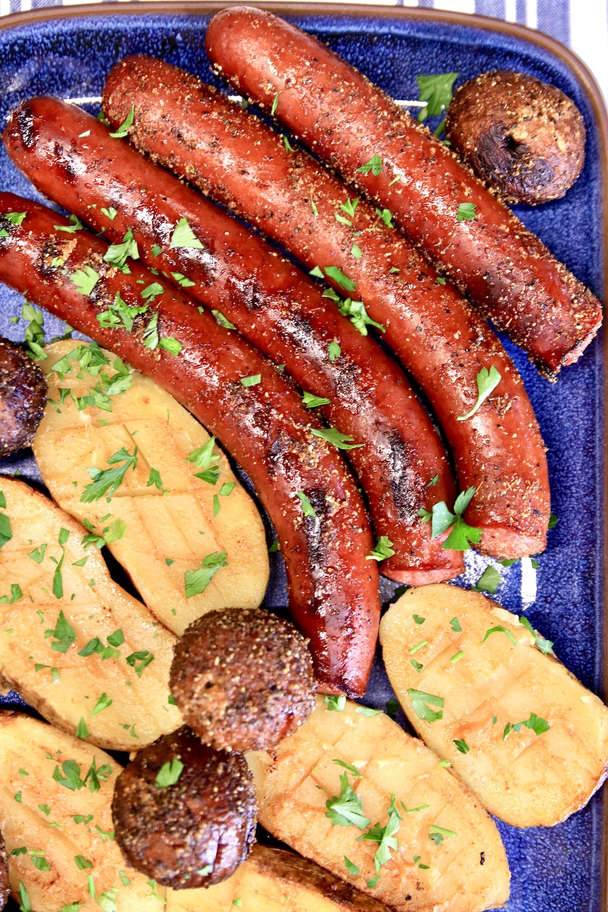 Grilled Smoked Sausage, potatoes and mushrooms.