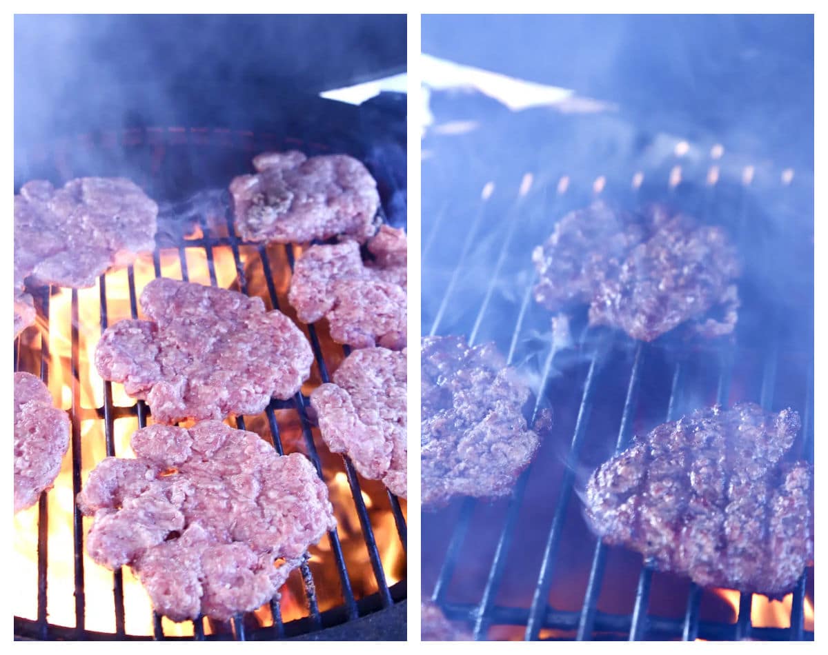 Collage grilling burger patties.