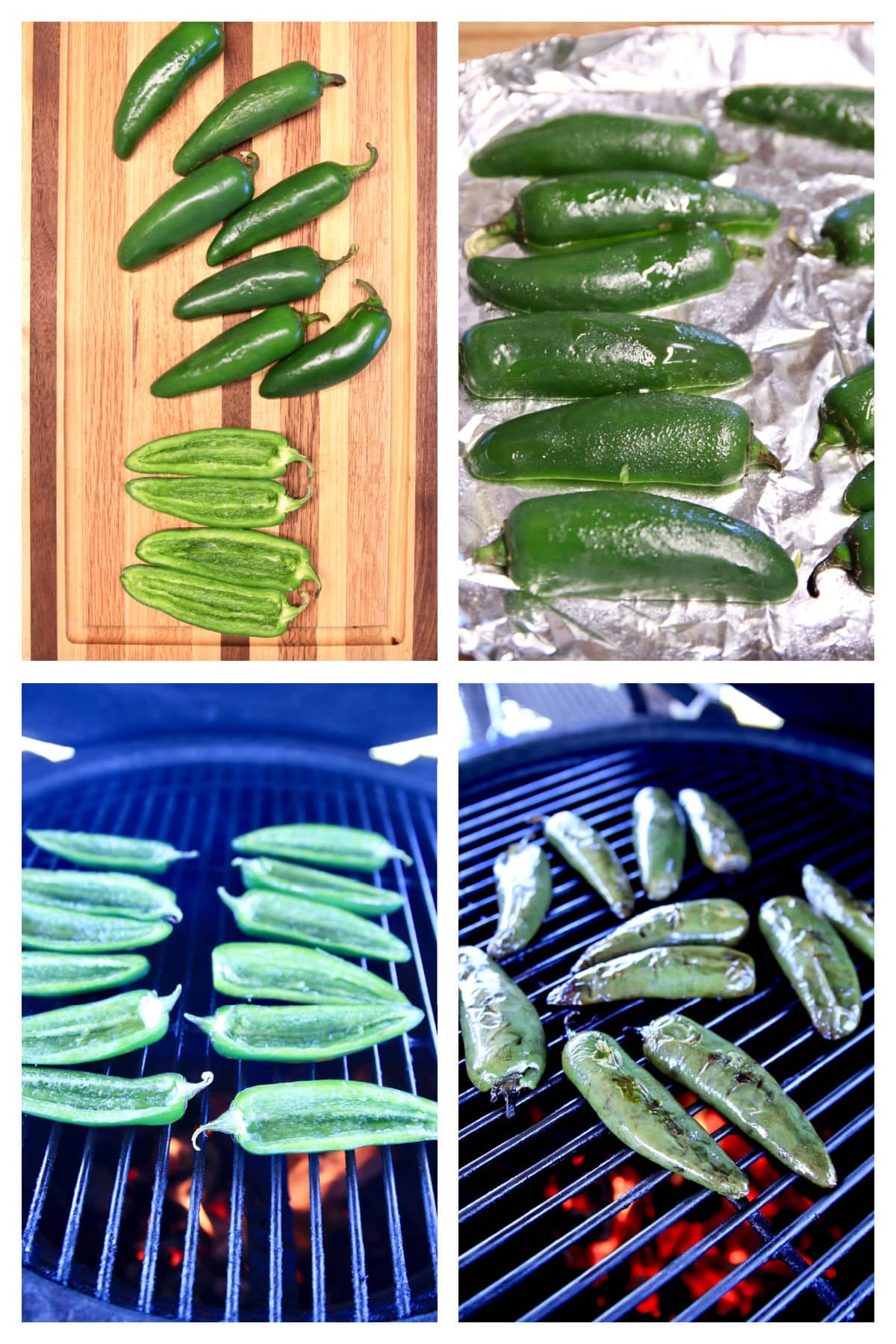 Collage making fire roasted jalapenos, cut in half, lenghtwise.