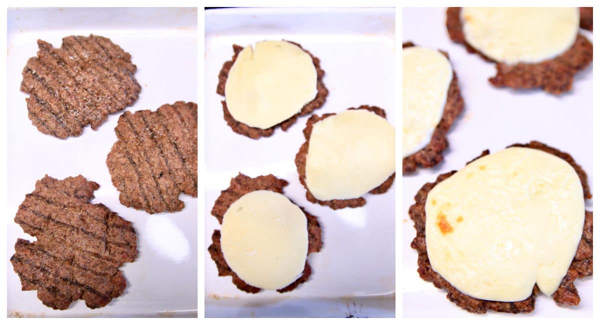 Grilled burger patties collage with mozzarella cheese/ melted.