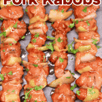 Grilled Pork Kabobs on a platter- text overlay.