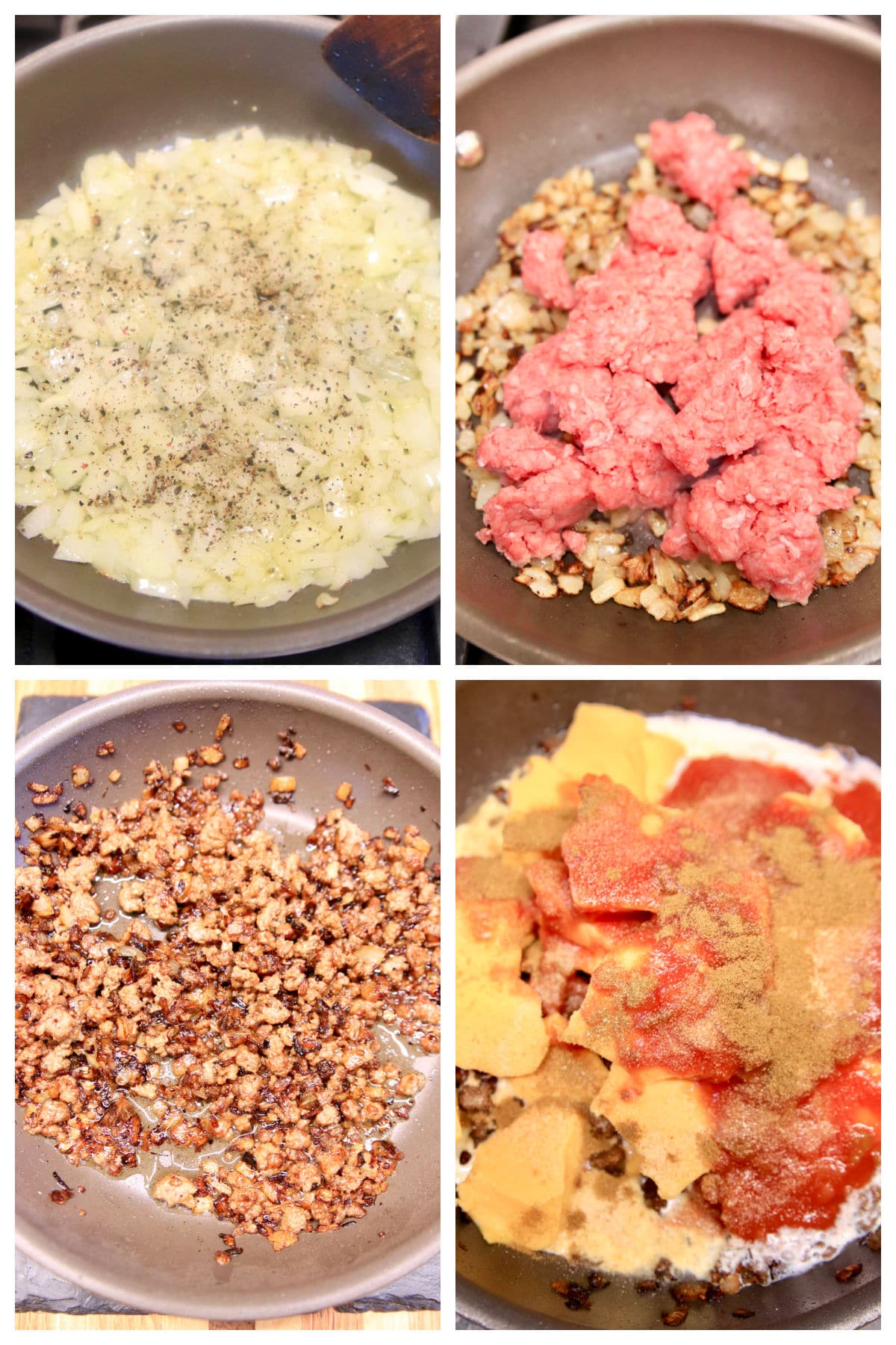 Collage making ground beef queso with onions.