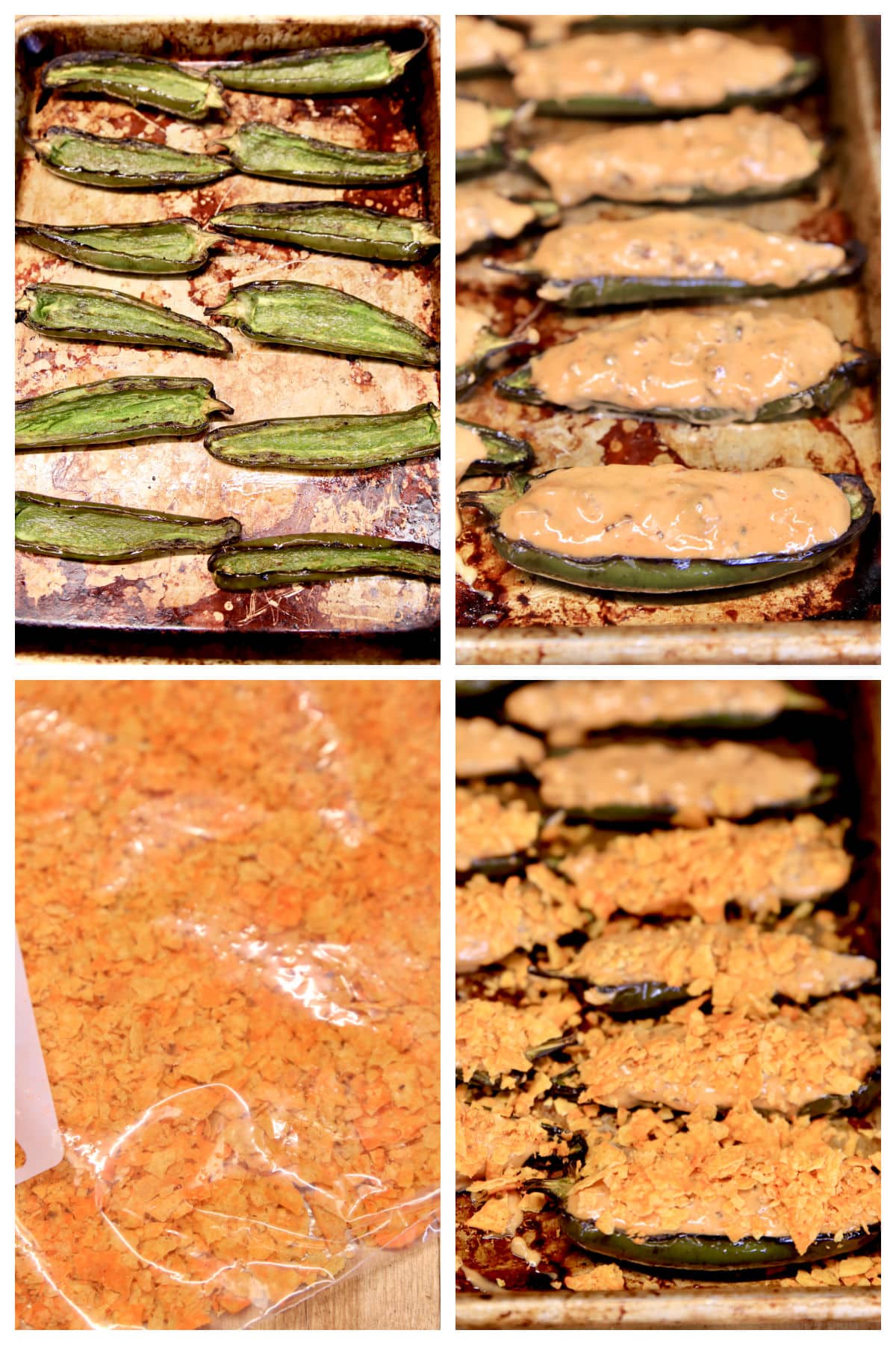 Collage stuffing jalapeno halves with queso and topping with crushed doritos.