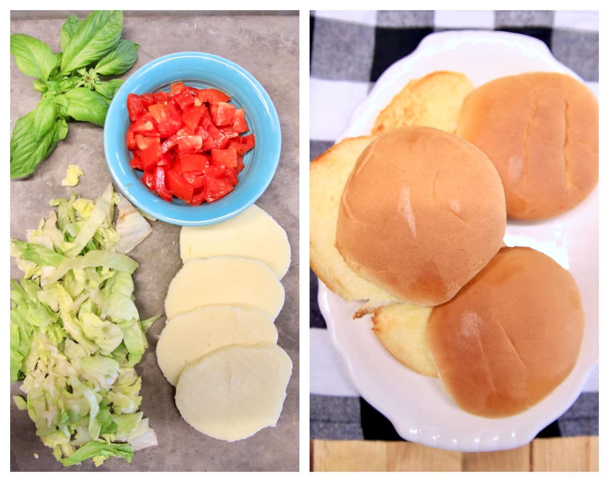 Collage of basil, tomato, lettuce, mozzarella/ toasted burger buns.