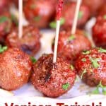Venison Teriyaki Meatballs on appetizer picks. Text overlay.