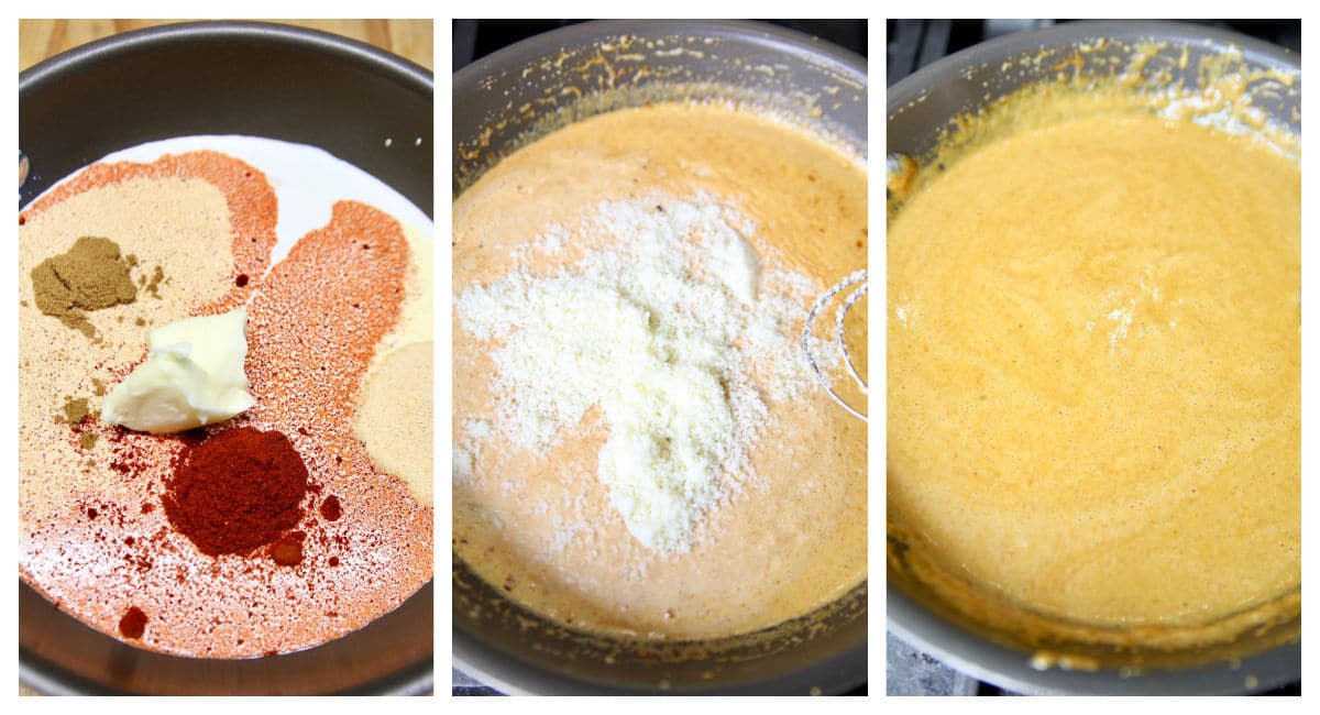 Collage: Making fajita seasoned pasta cream sauce.