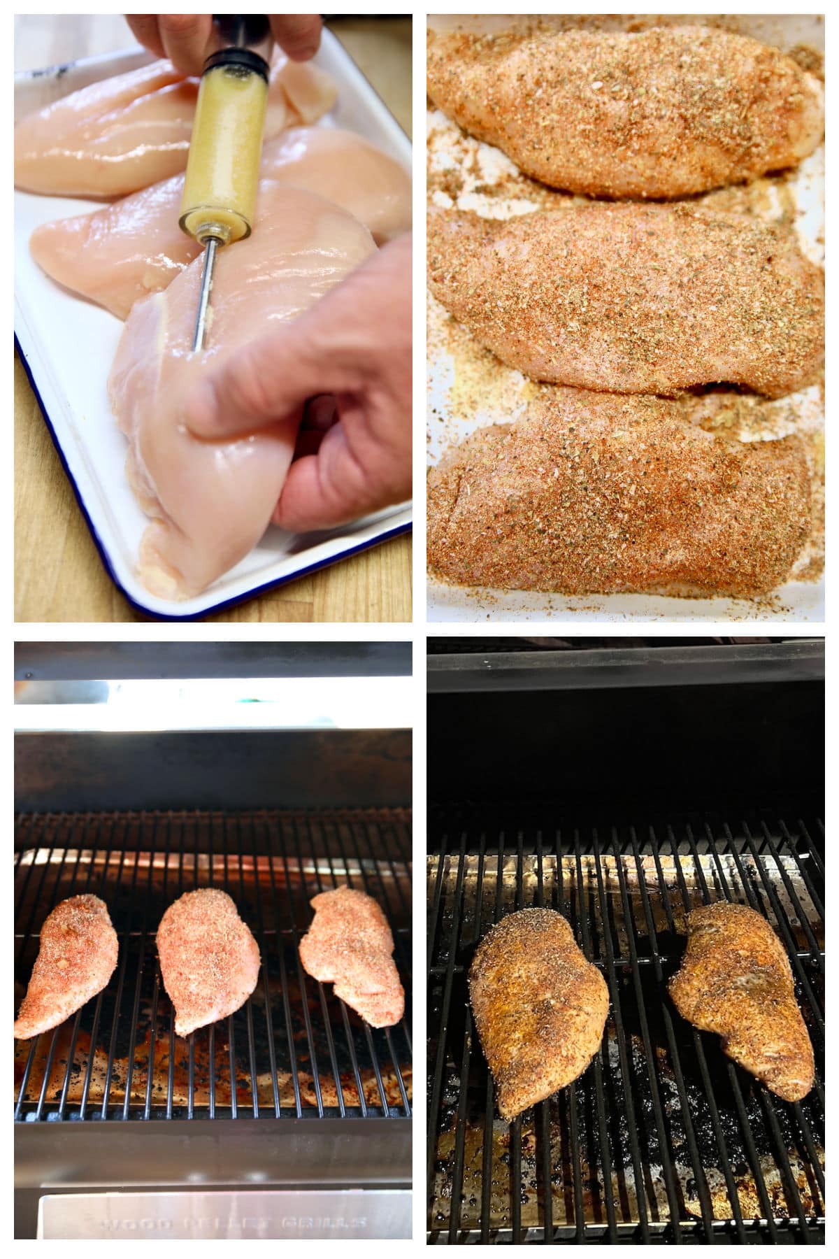Collage of chicken breasts: injecting with butter, with rub, grilling.