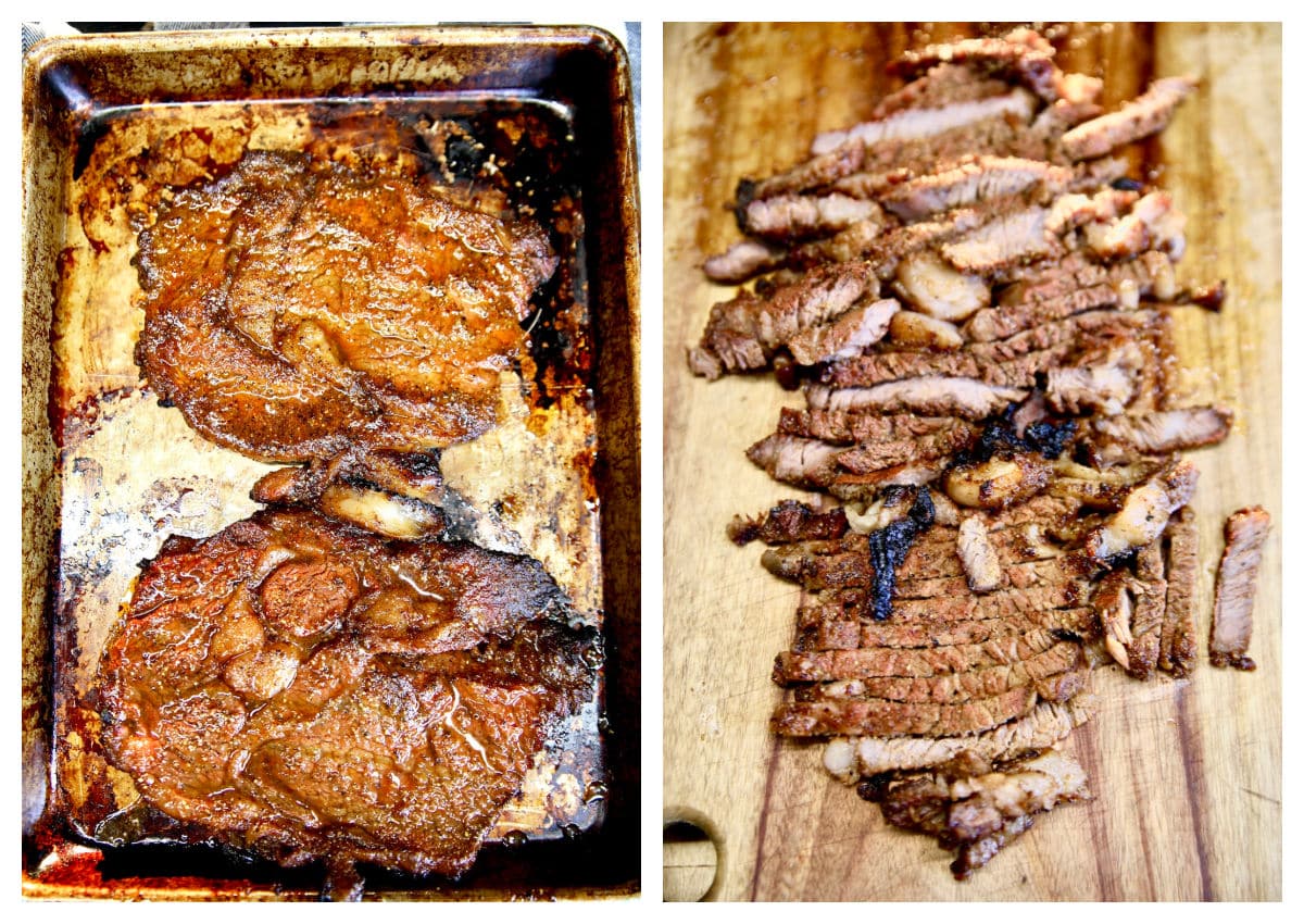 Collage: 2 grilled steaks, sliced on a cutting board.