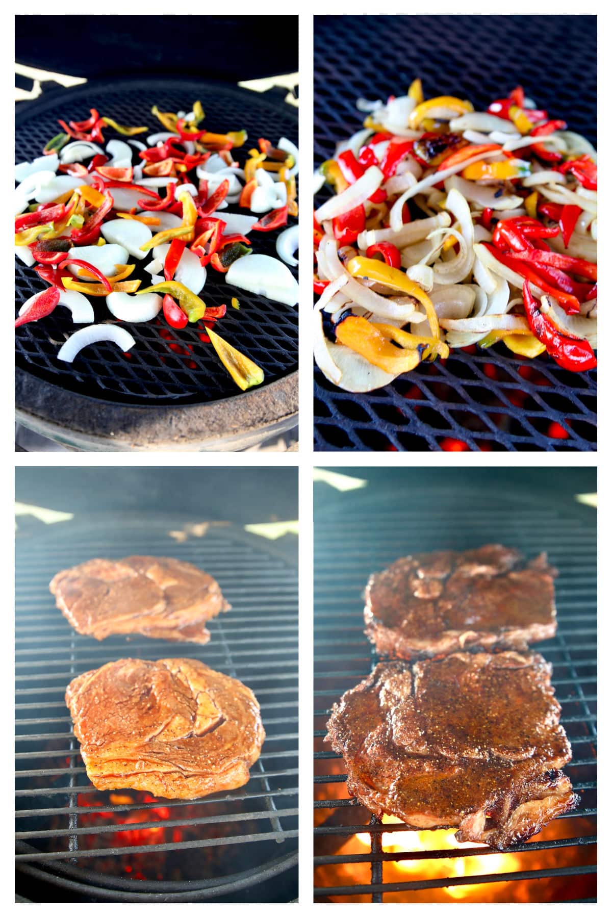 Collage: Grilling peppers, onions/ 2 ribeye steaks.