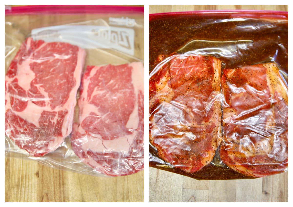 Collage steaks in a zip top bag / with marinade.