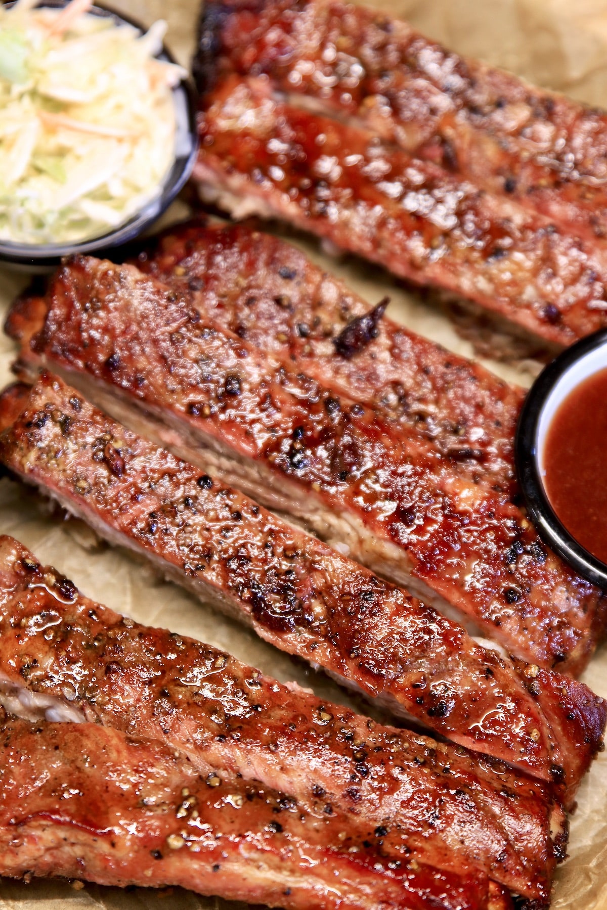 Closeup of spare ribs on a platter.