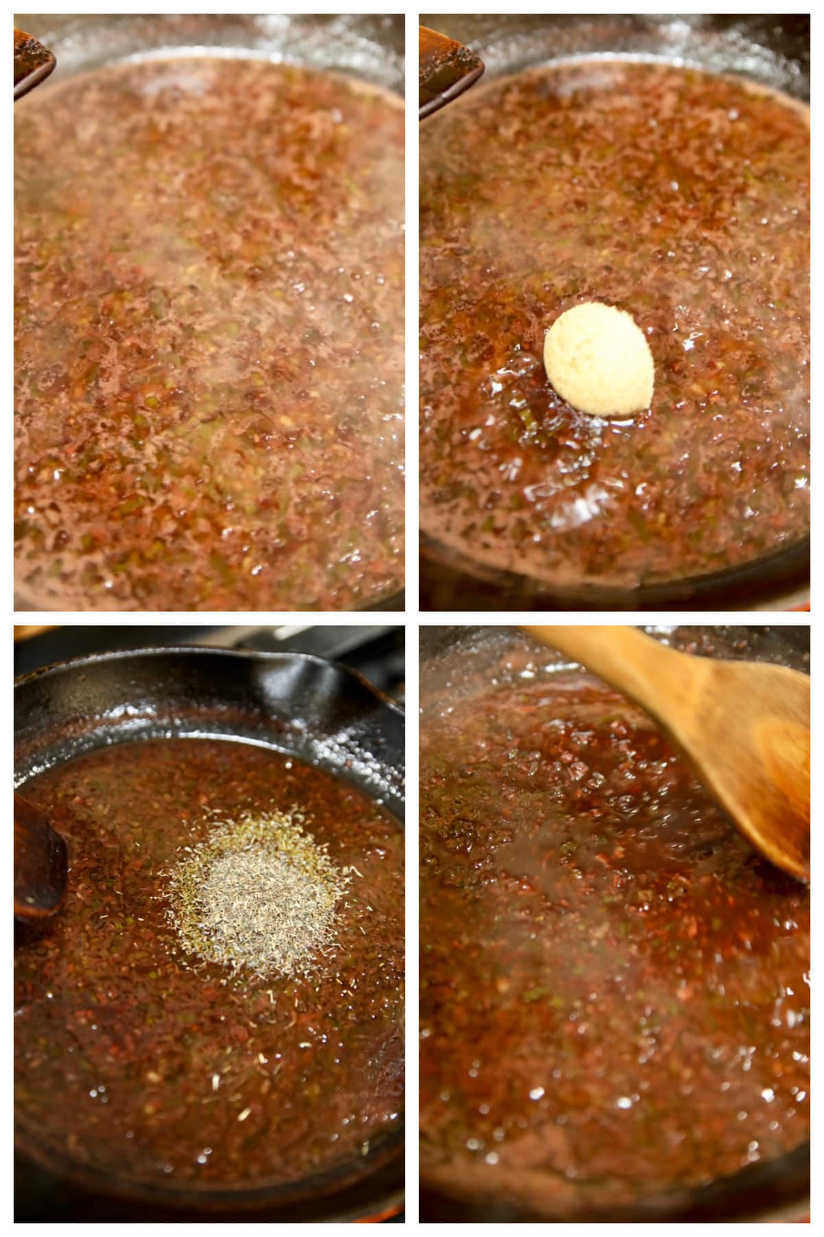 Making red wine steak sauce collage.