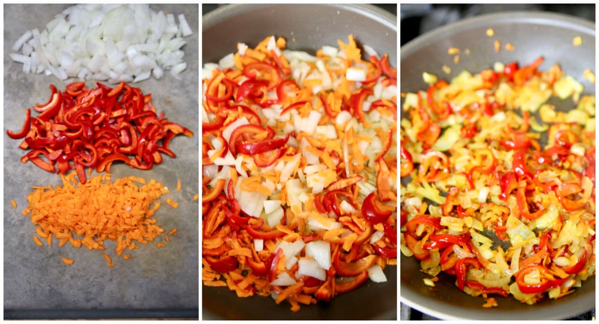 Collage: diced onions, peppers, carrots/ cooking in pan/ softened.